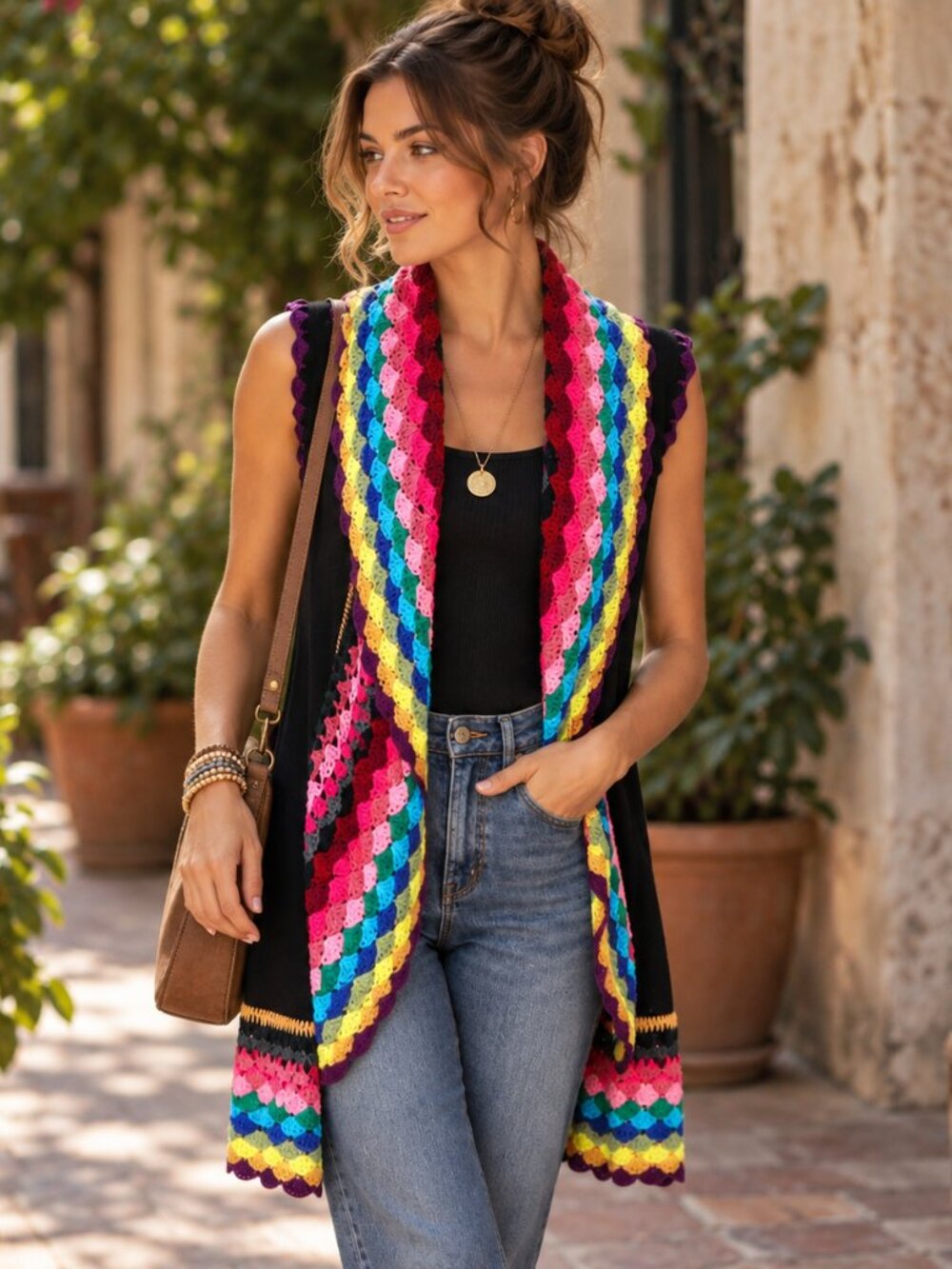 Double Zero Womens M Black Multicolor Crochet Waterfall Vest Cardigan